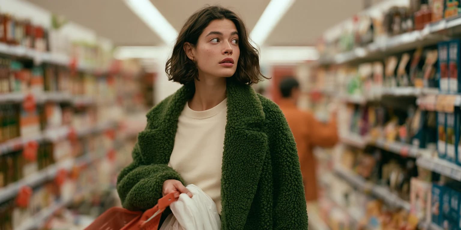 A woman in a green coat in a supermarket aisle, a shopping basket on her arm, glancing to one side, mid-decision.